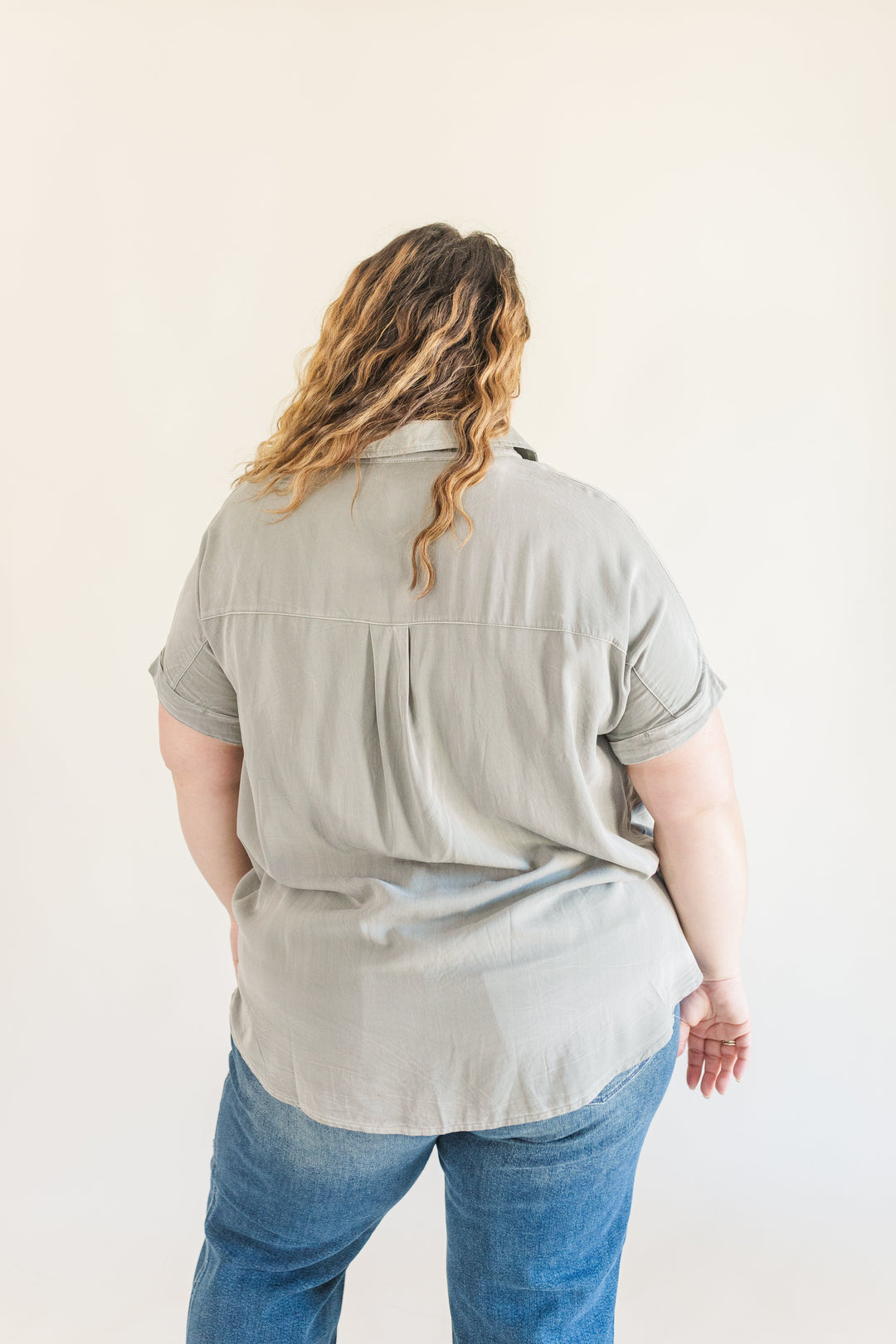 Helena Dolman Washed Tencel Button Up Short Sleeve Top in Sage