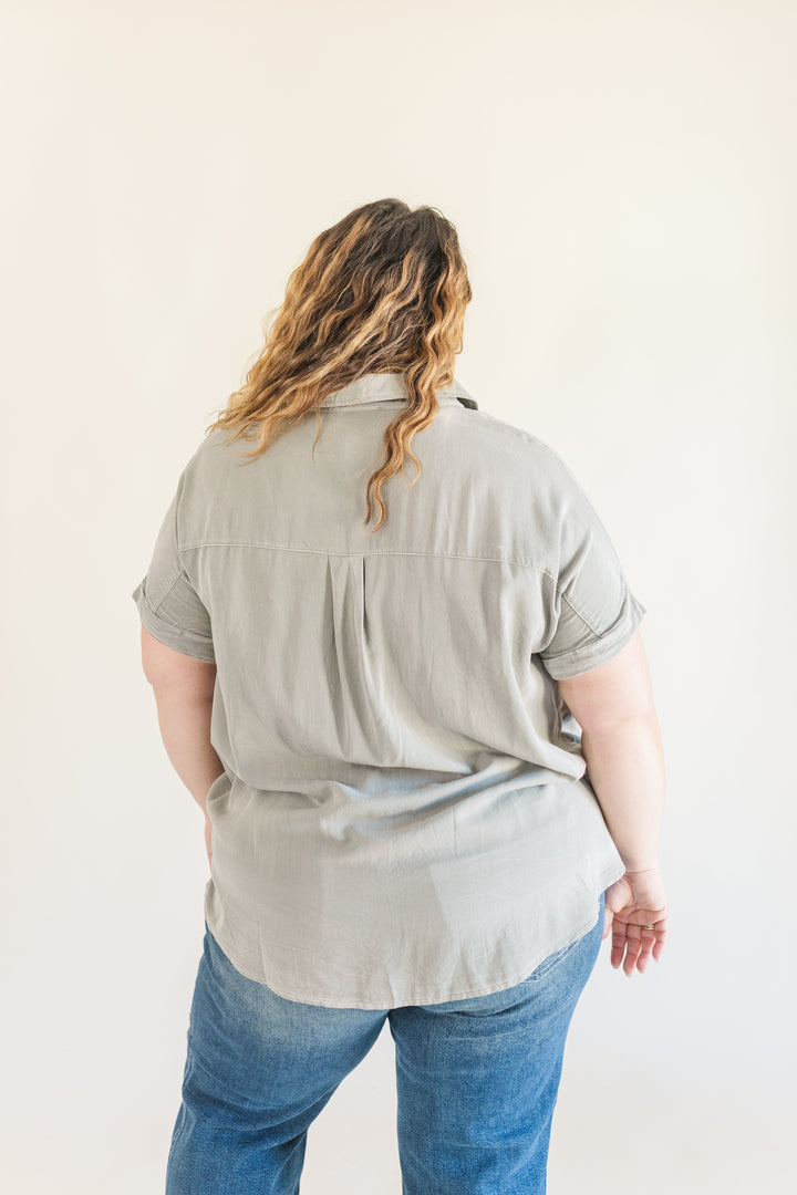 Helena Dolman Washed Tencel Button Up Short Sleeve Top in Sage