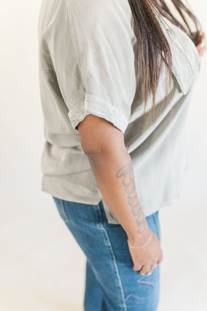 Helena Dolman Washed Tencel Button Up Short Sleeve Top in Sage