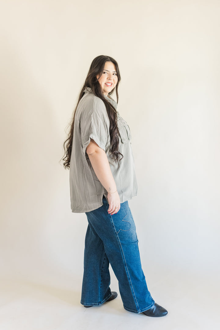 Helena Dolman Washed Tencel Button Up Short Sleeve Top in Sage