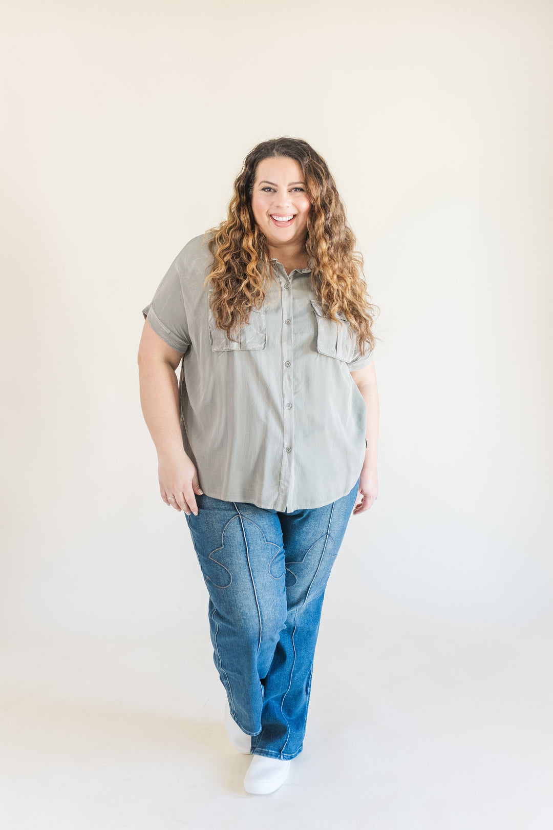 Helena Dolman Washed Tencel Button Up Short Sleeve Top in Sage