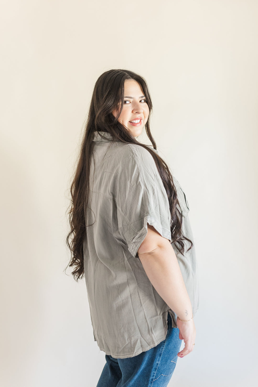 Helena Dolman Washed Tencel Button Up Short Sleeve Top in Sage