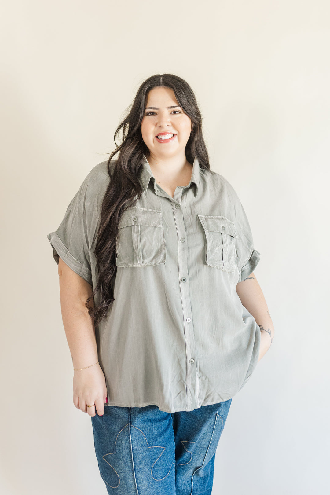 Helena Dolman Washed Tencel Button Up Short Sleeve Top in Sage