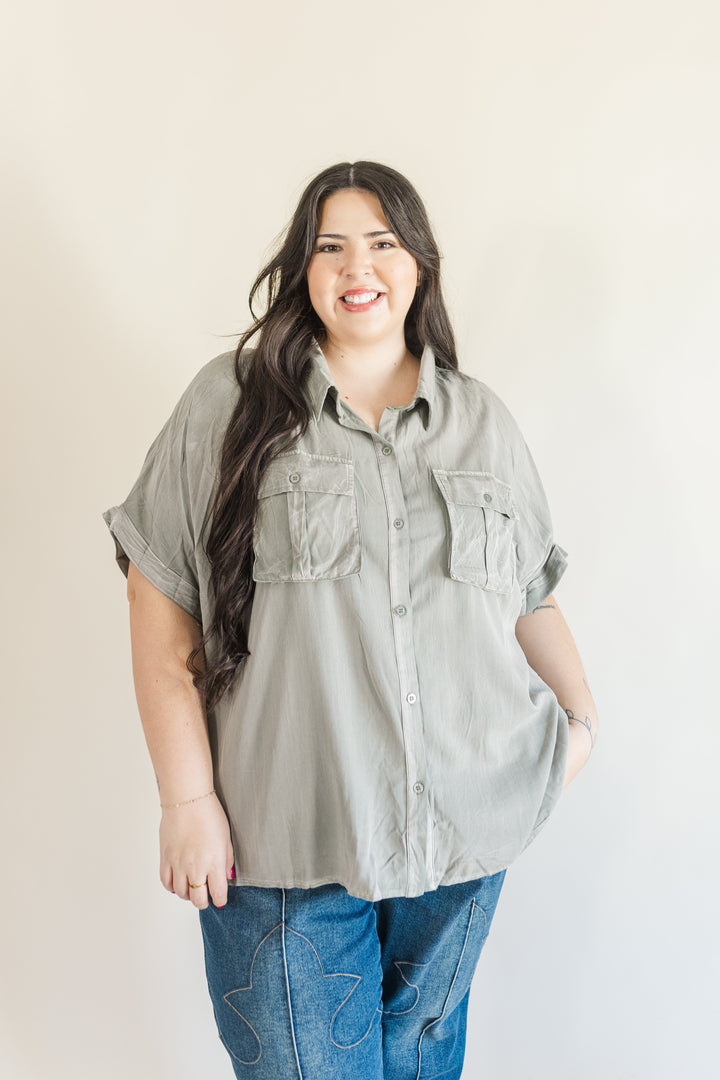 Helena Dolman Washed Tencel Button Up Short Sleeve Top in Sage