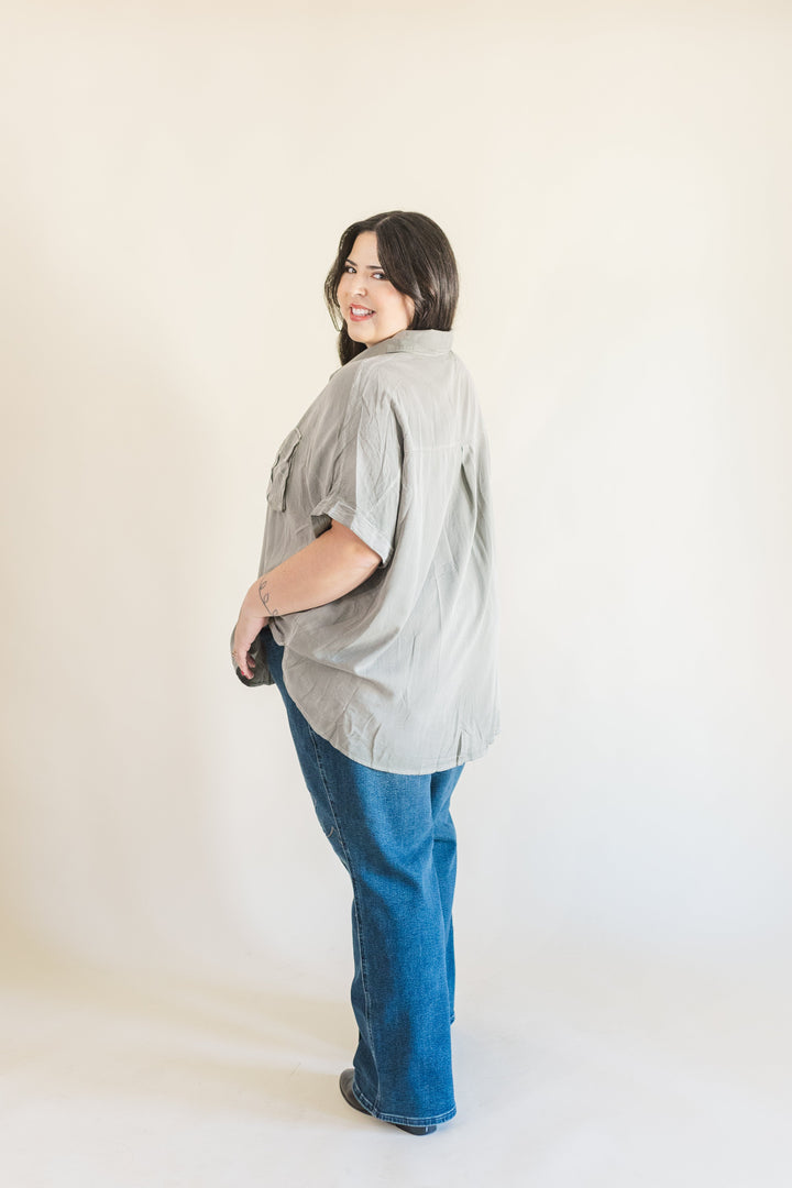 Helena Dolman Washed Tencel Button Up Short Sleeve Top in Sage