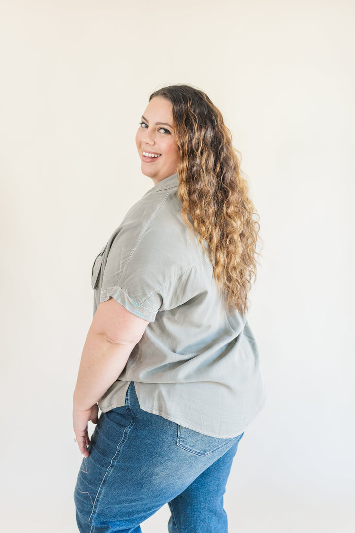 Helena Dolman Washed Tencel Button Up Short Sleeve Top in Sage