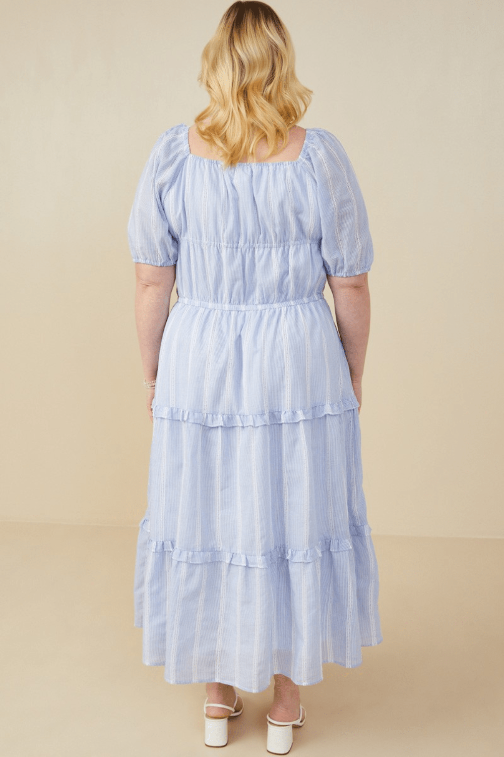 Iliana Bow Detailed Crochet Lace Square Neck Midi Dress in Blue