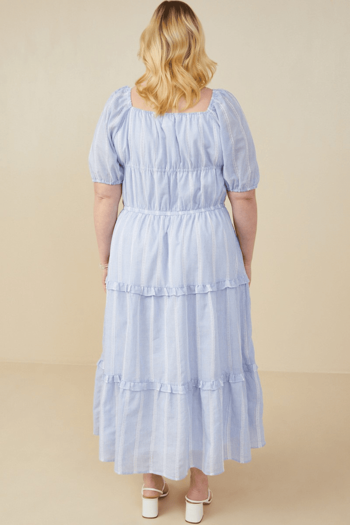 Iliana Bow Detailed Crochet Lace Square Neck Midi Dress in Blue