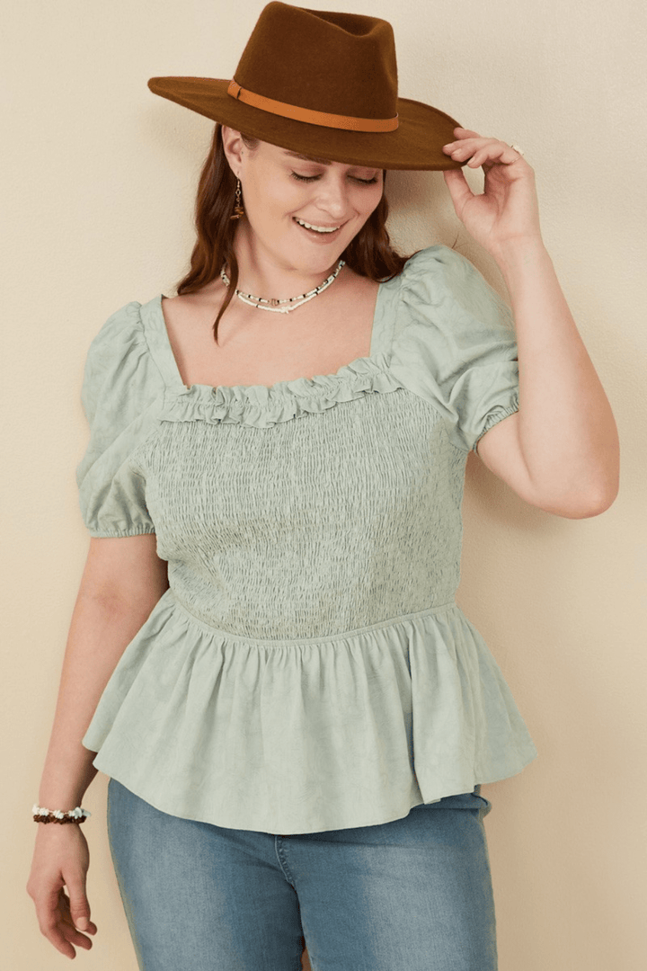 Irene Smocked Peplum Top with Ruffle Detail in Mint