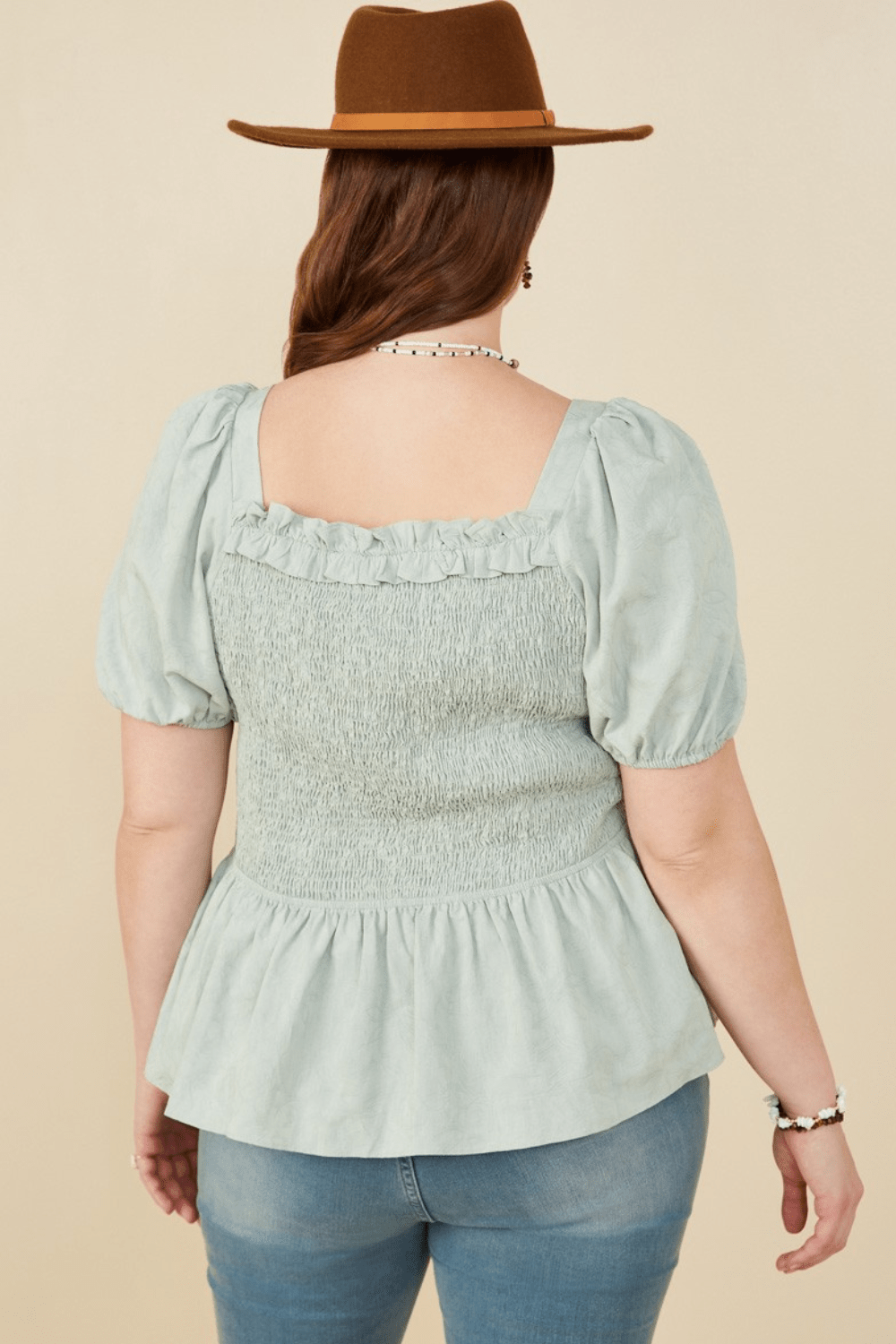 Irene Smocked Peplum Top with Ruffle Detail in Mint