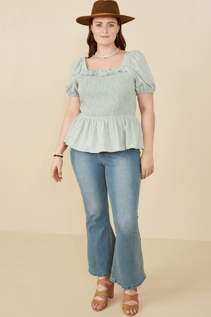Irene Smocked Peplum Top with Ruffle Detail in Mint