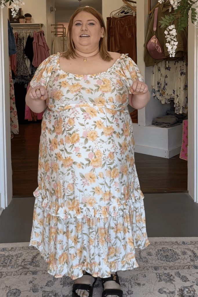 short sleeve ruffle midi dress Jolene Floral Short Sleeve Ruffle Detail Midi Dress