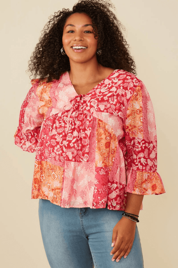 Karina Boho Babydoll 3/4 Sleeve Top in Red
