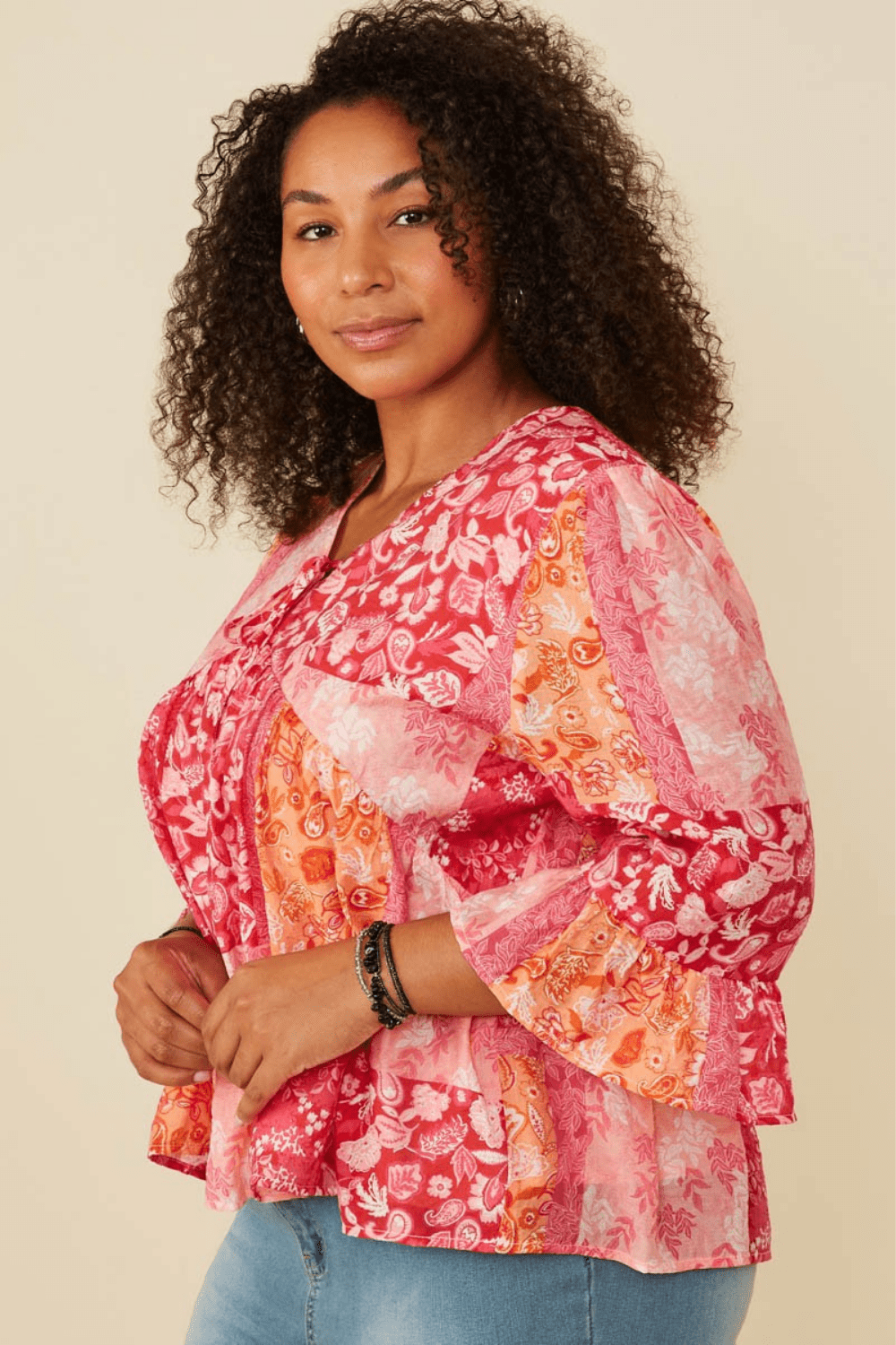 Karina Boho Babydoll 3/4 Sleeve Top in Red