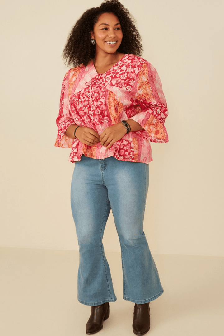 Karina Boho Babydoll 3/4 Sleeve Top in Red