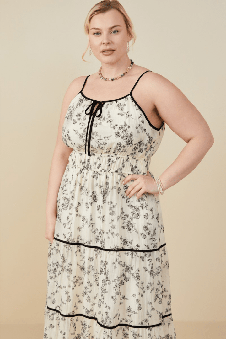 Kassie Floral Print Tie Neck Midi Dress in Beige - FINAL SALE