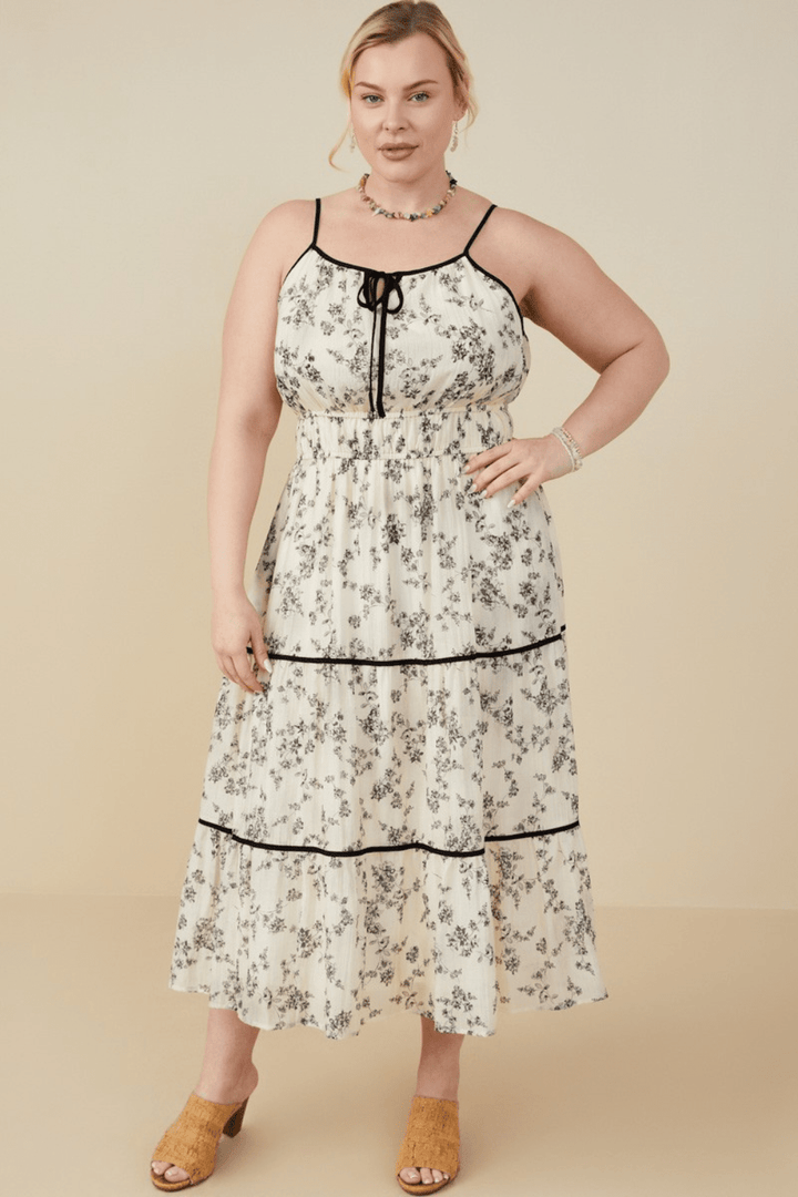 Kassie Floral Print Tie Neck Midi Dress in Beige - FINAL SALE