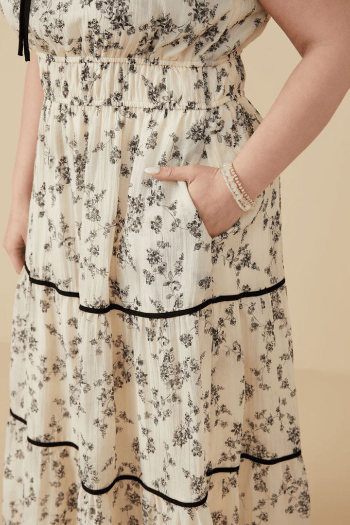 Kassie Floral Print Tie Neck Midi Dress in Beige - FINAL SALE