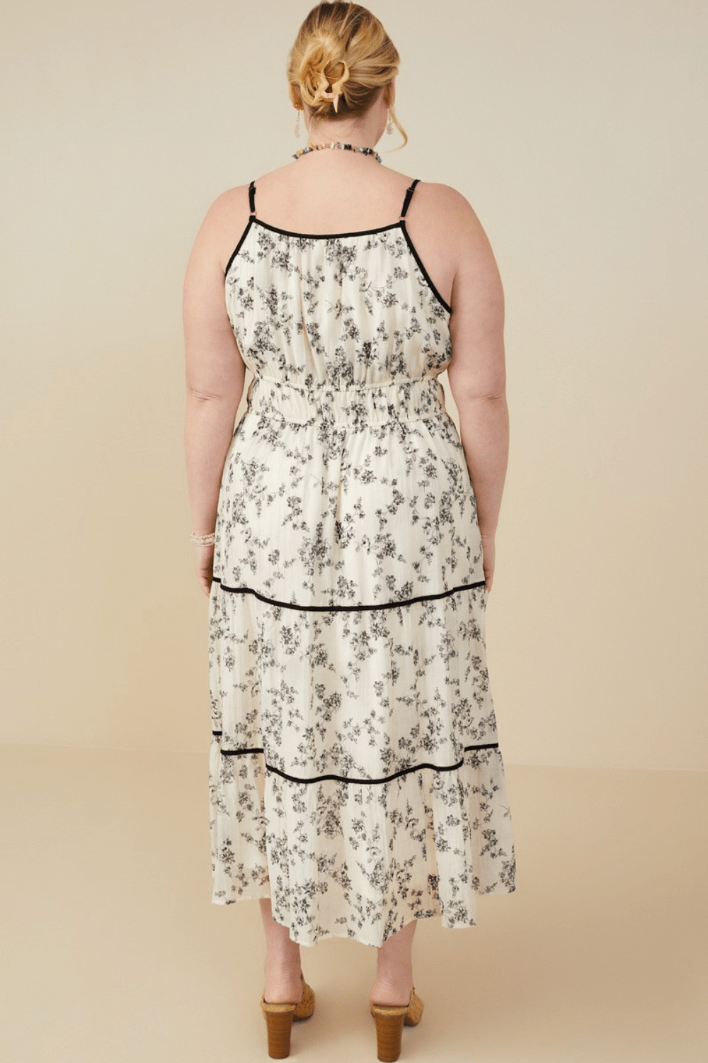 Kassie Floral Print Tie Neck Midi Dress in Beige - FINAL SALE