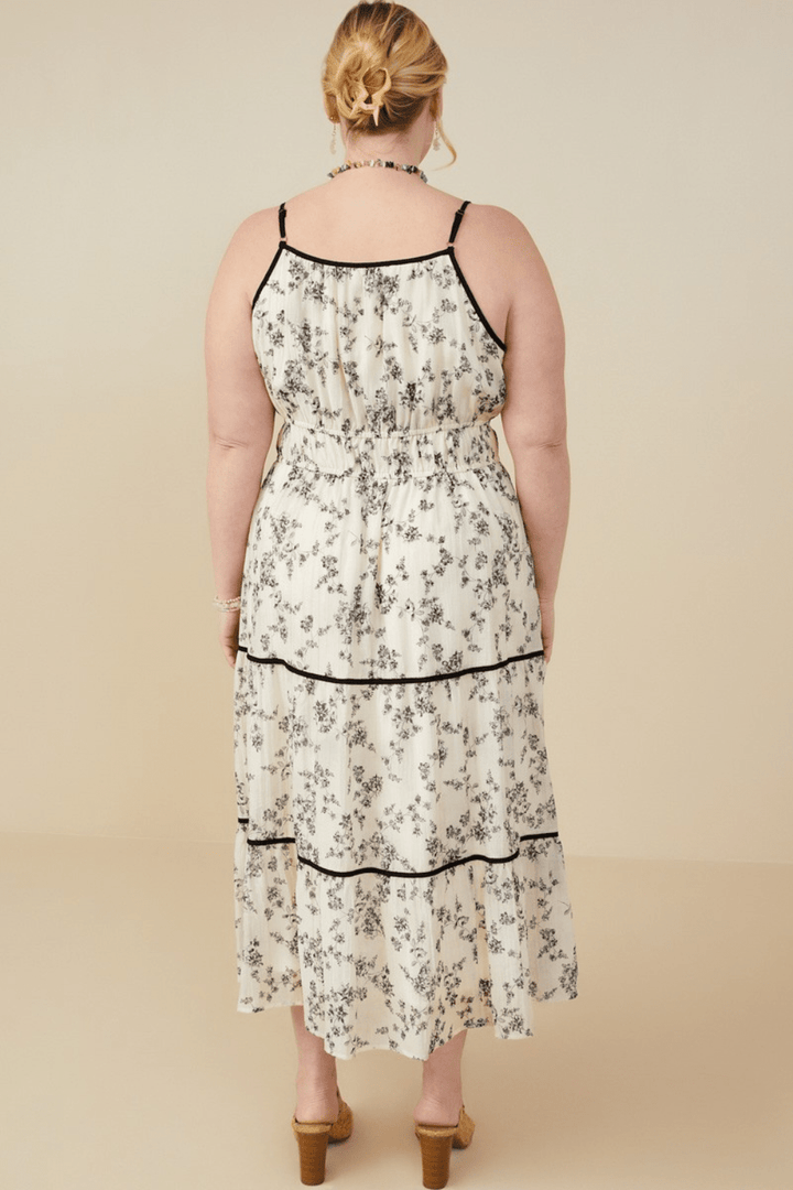 Kassie Floral Print Tie Neck Midi Dress in Beige - FINAL SALE