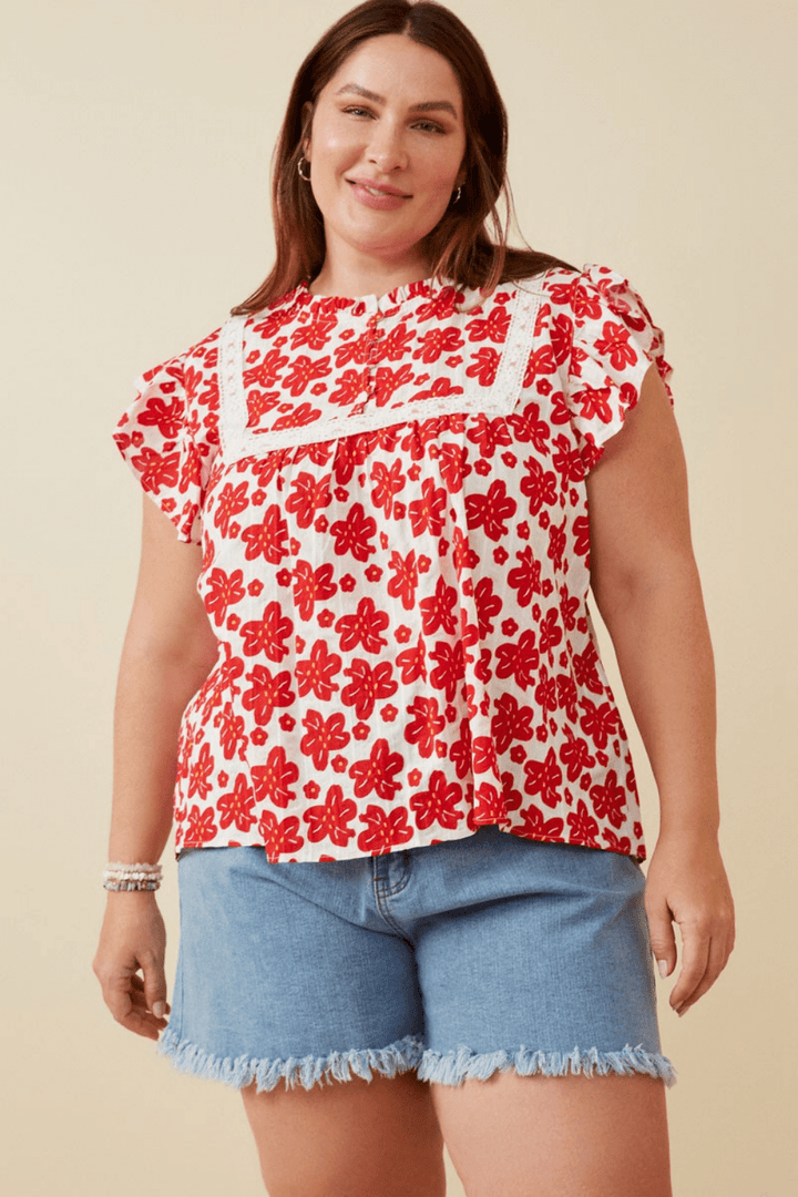 Kiera Textured Floral Top in Red