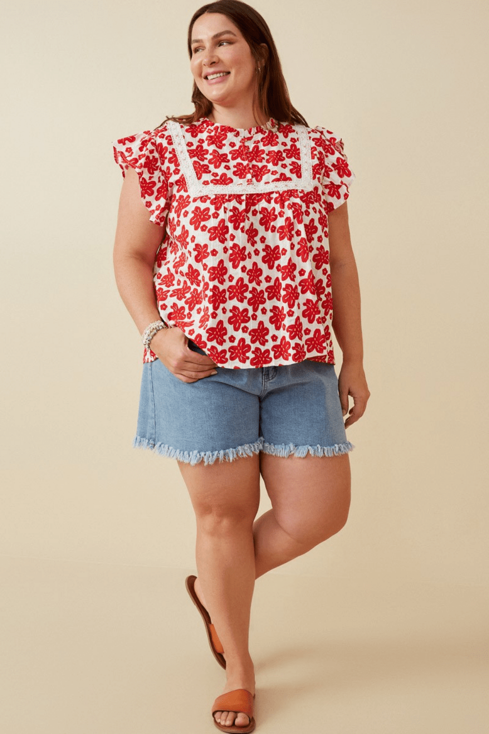 Kiera Textured Floral Top in Red