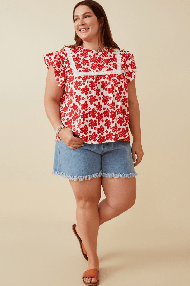 Kiera Textured Floral Top in Red