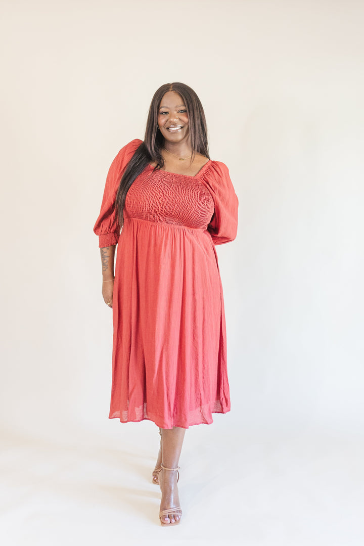 Kyla Long Sleeve Smocked Midi Dress in Burgundy – Ari + Ava