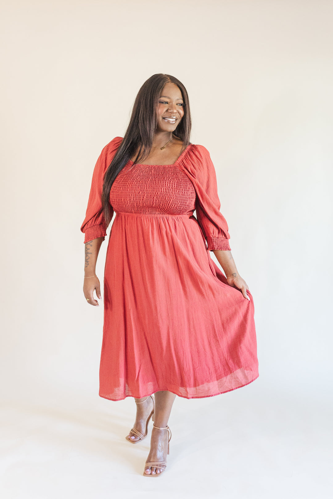 Kyla Long Sleeve Smocked Midi Dress in Burgundy Ari + Ava Kyla Long Sleeve Smocked Midi Dress in Burgundy Ari + Ava