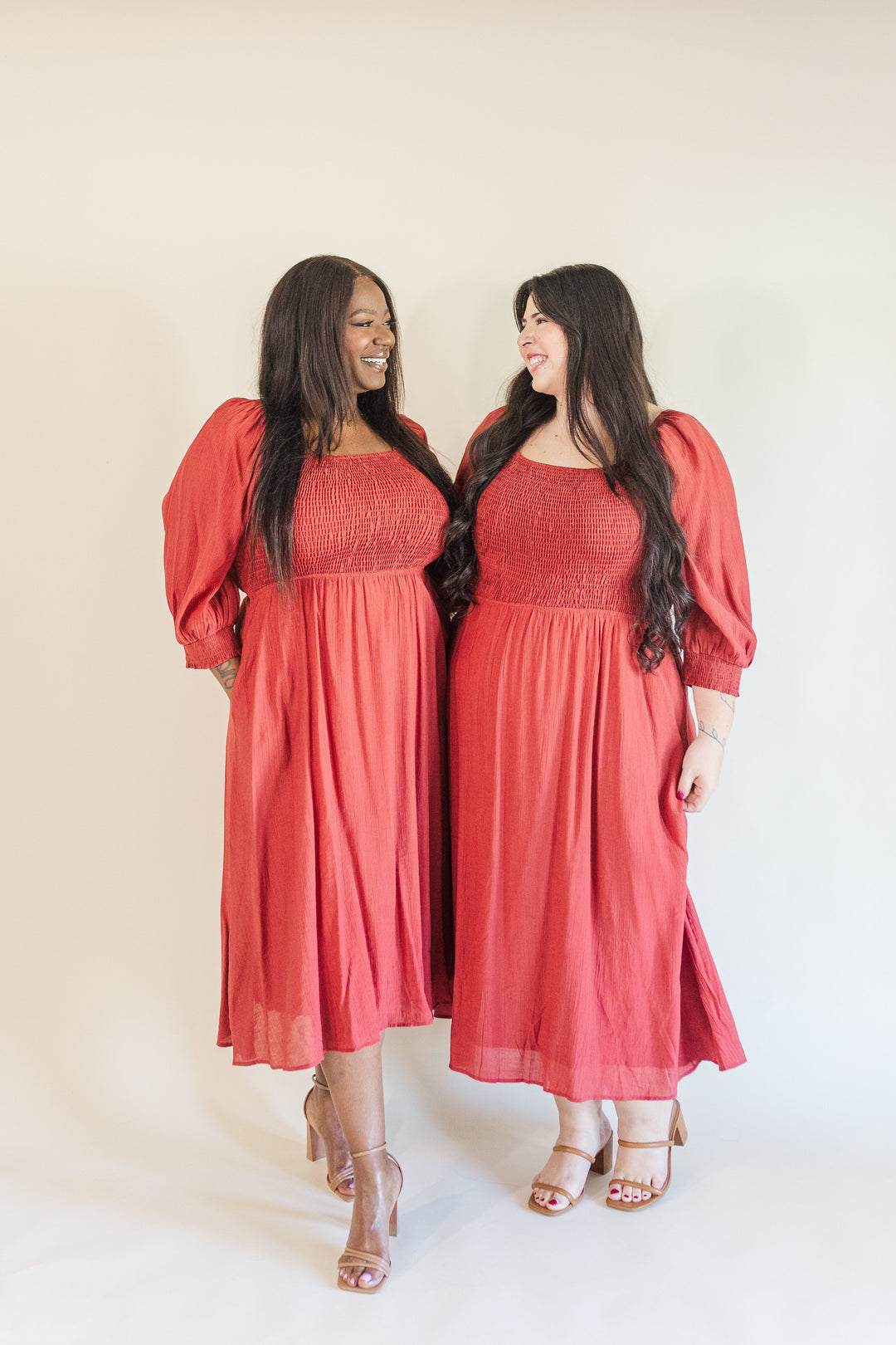 Kyla Long Sleeve Smocked Midi Dress in Burgundy – Ari + Ava