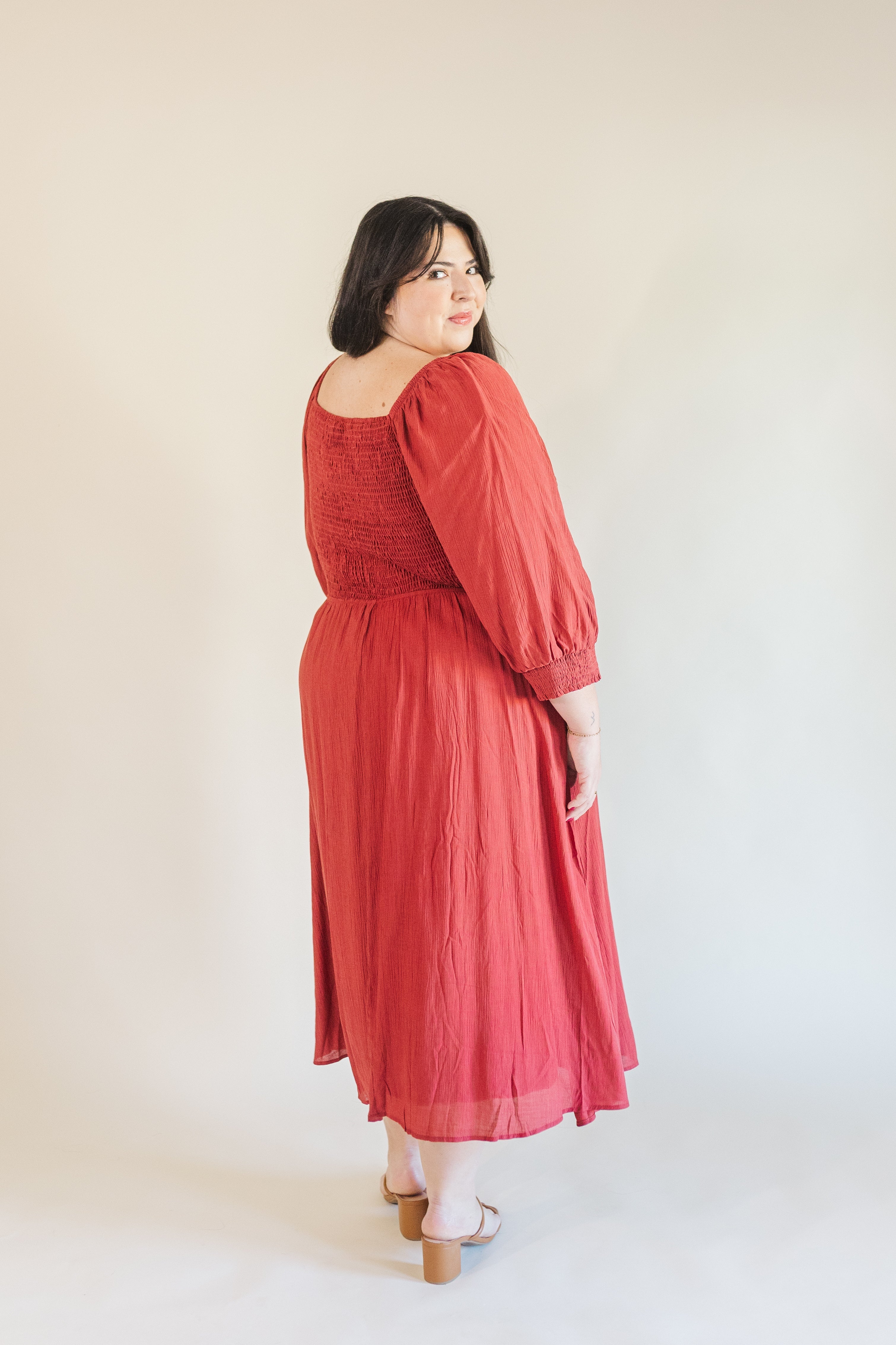 Kyla Long Sleeve Smocked Midi Dress in Burgundy – Ari + Ava