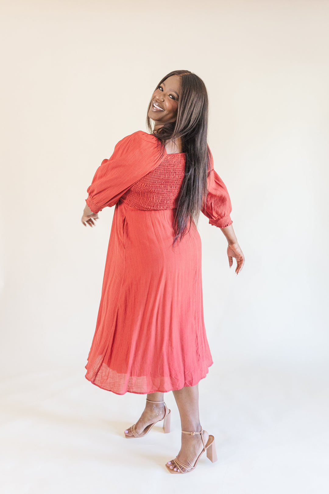 Kyla Long Sleeve Smocked Midi Dress in Burgundy Ari + Ava Kyla Long Sleeve Smocked Midi Dress in Burgundy Ari + Ava