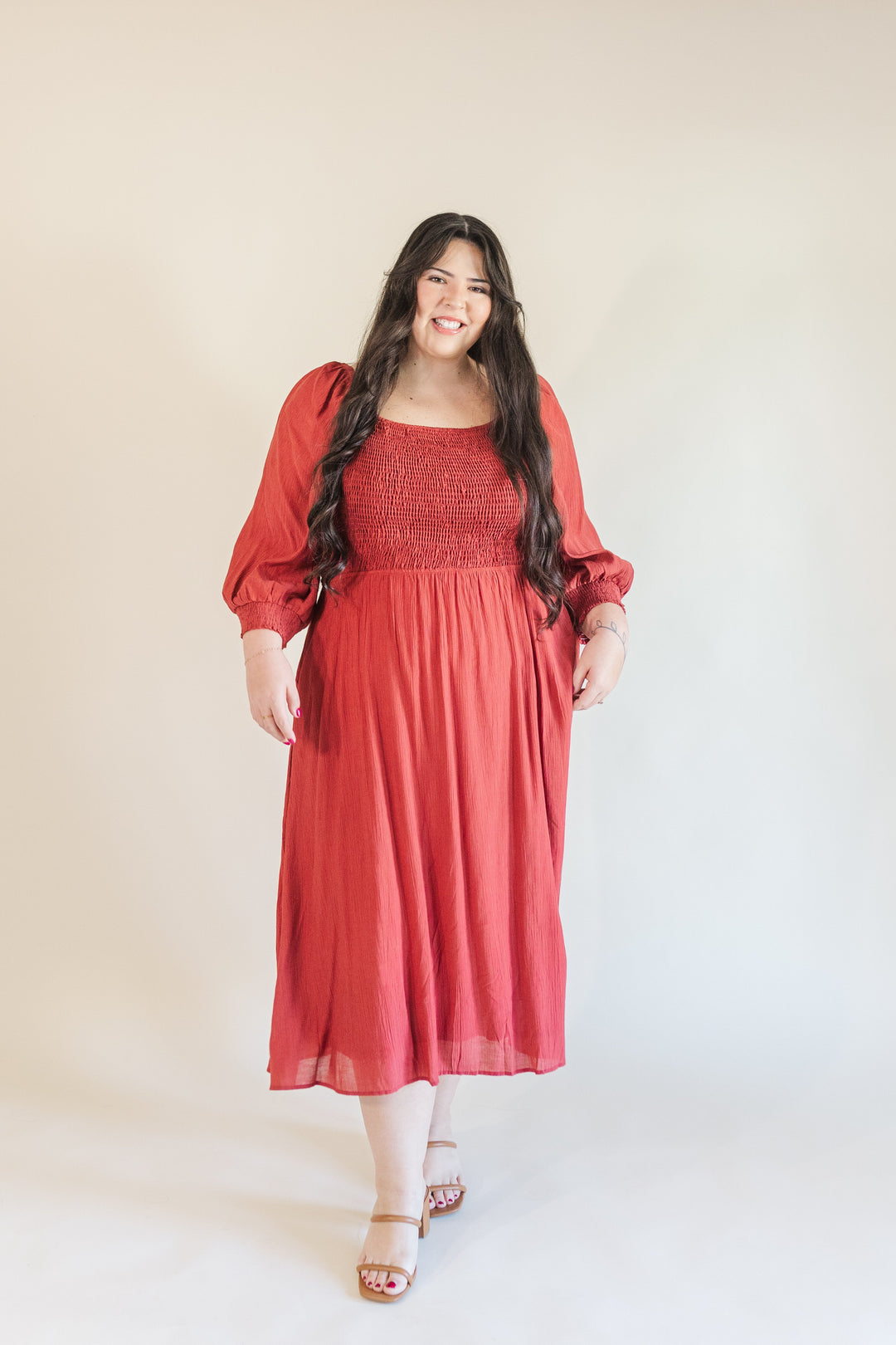 Kyla Long Sleeve Smocked Midi Dress in Burgundy Ari + Ava Kyla Long Sleeve Smocked Midi Dress in Burgundy Ari + Ava