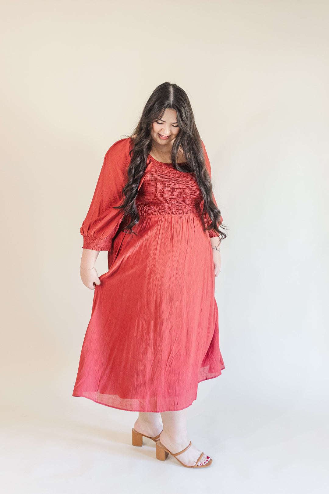 kyla maxi dress Kyla Long Sleeve Smocked Midi Dress in Burgundy – Ari + Ava