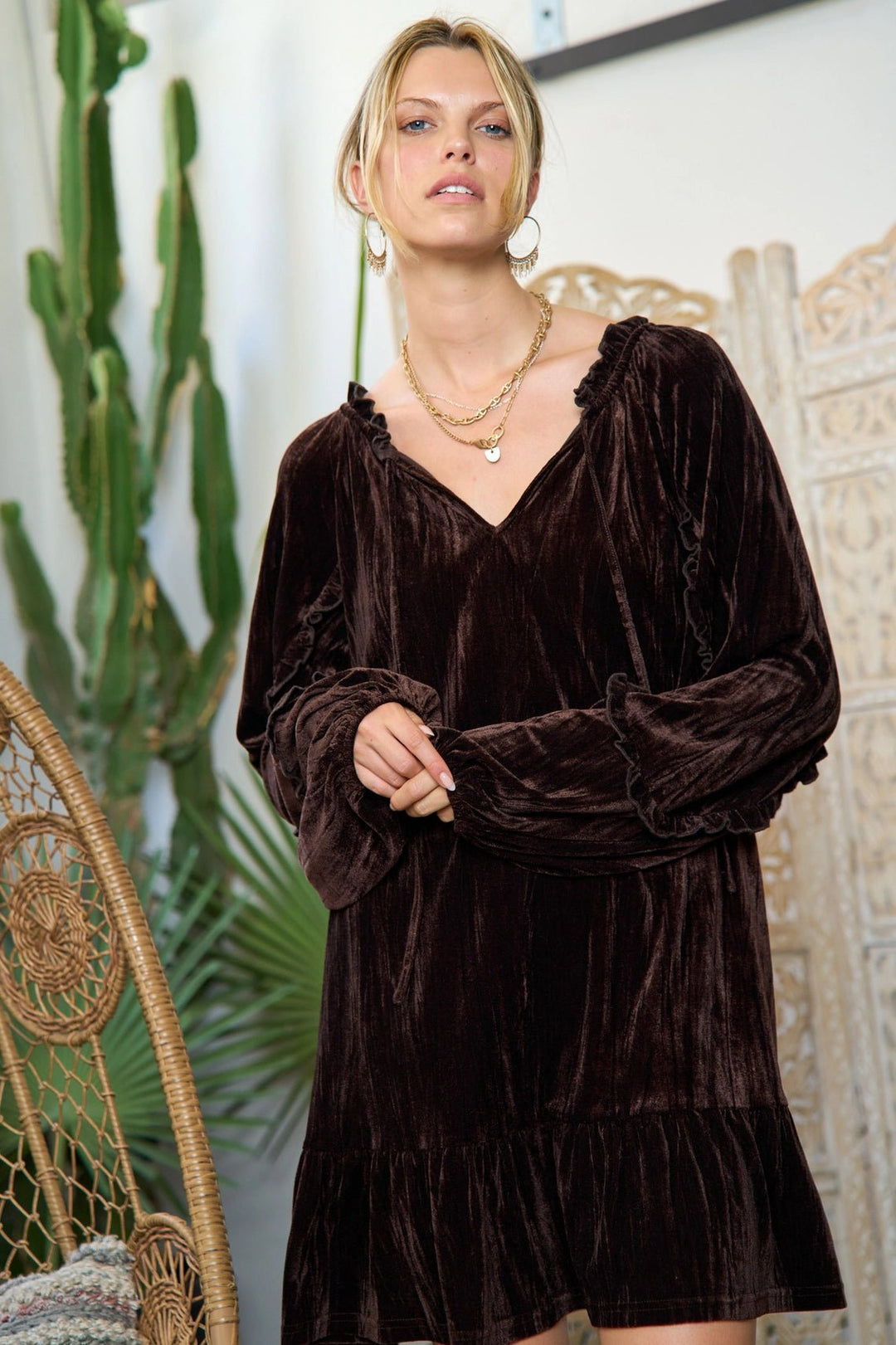 Kylie Crushed Velvet Dress in Dark Brown (Online Exclusive) - FINAL SALE