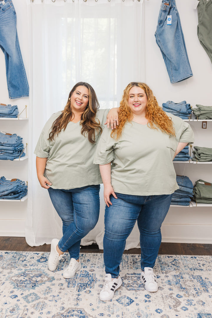 Lila Oversized Front Pocket Raw Edge Boyfriend Tee in Light Sage