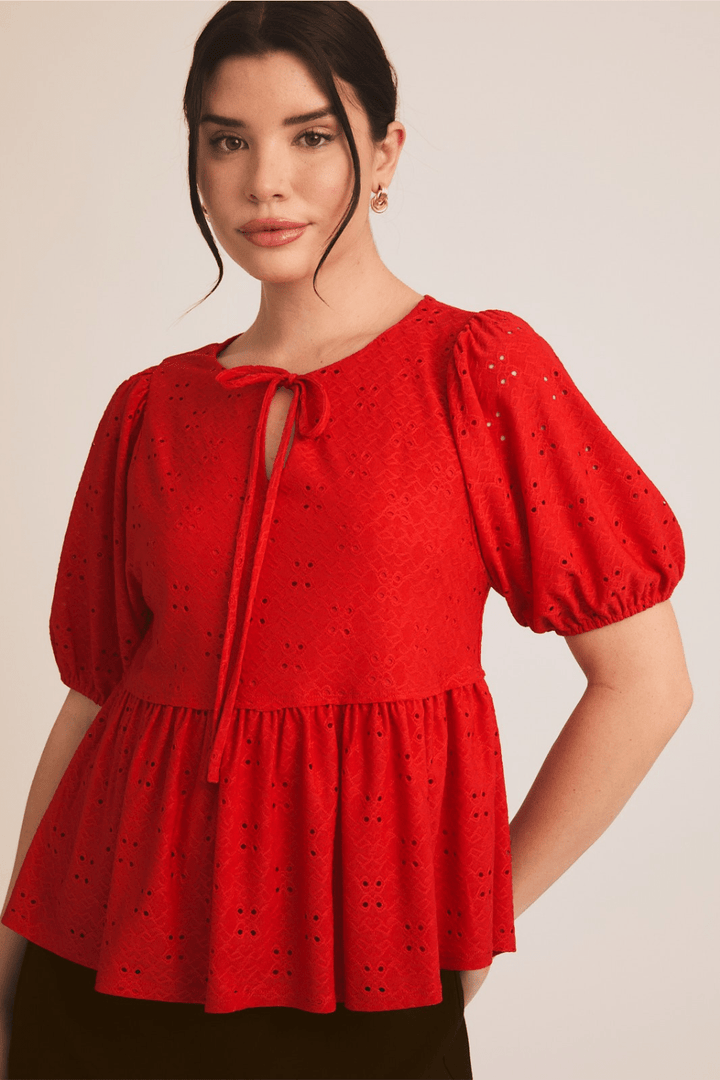 Liv Short Sleeve Eyelet Top in Red