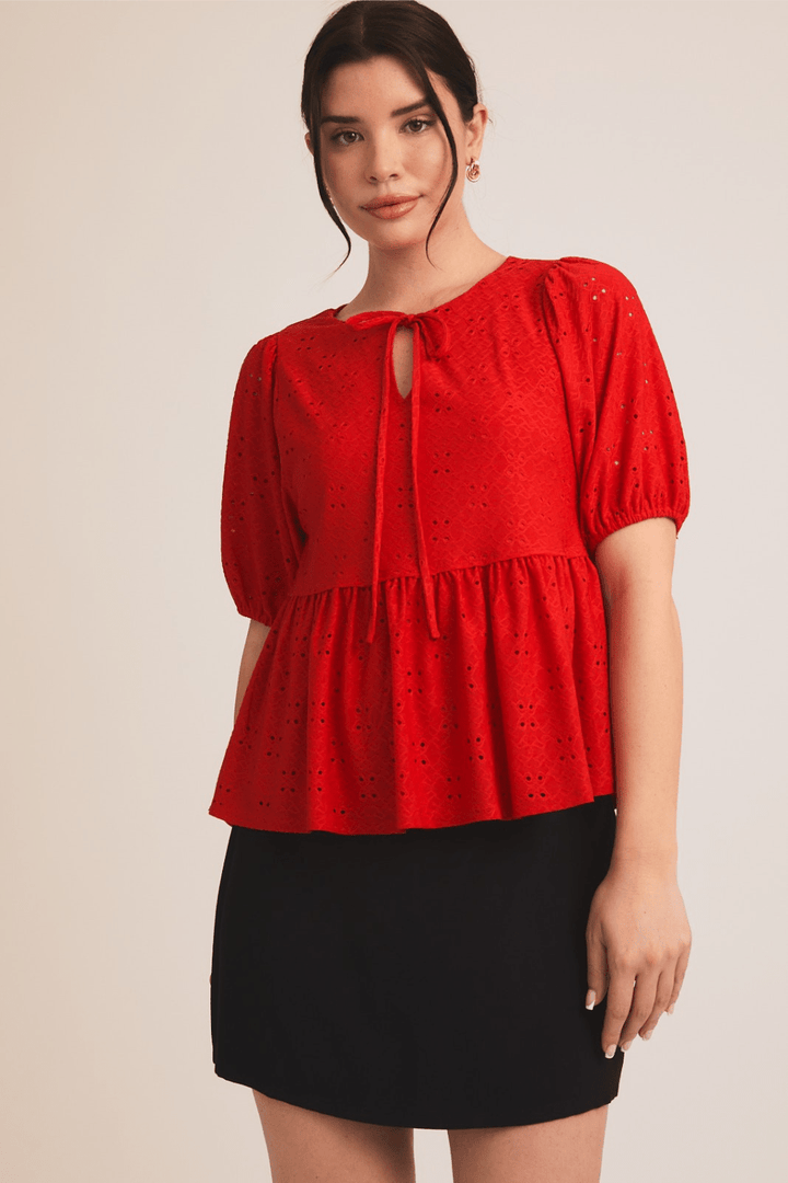 Liv Short Sleeve Eyelet Top in Red