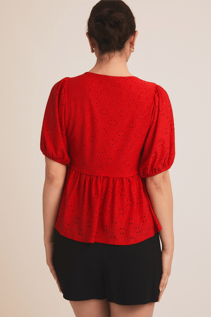 Liv Short Sleeve Eyelet Top in Red