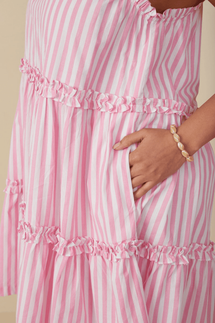 Mabel Ruffle Trimmed Poplin Stripe Dress in Pink - FINAL SALE