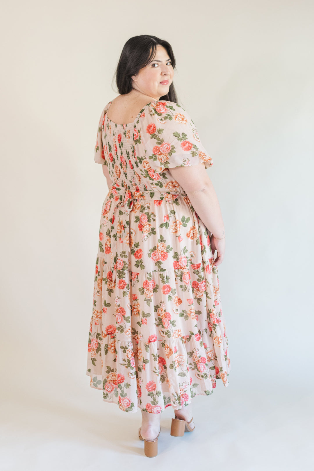 macy's midi dresses with sleeves Macy Puff Sleeve Floral Midi Dress in Blush