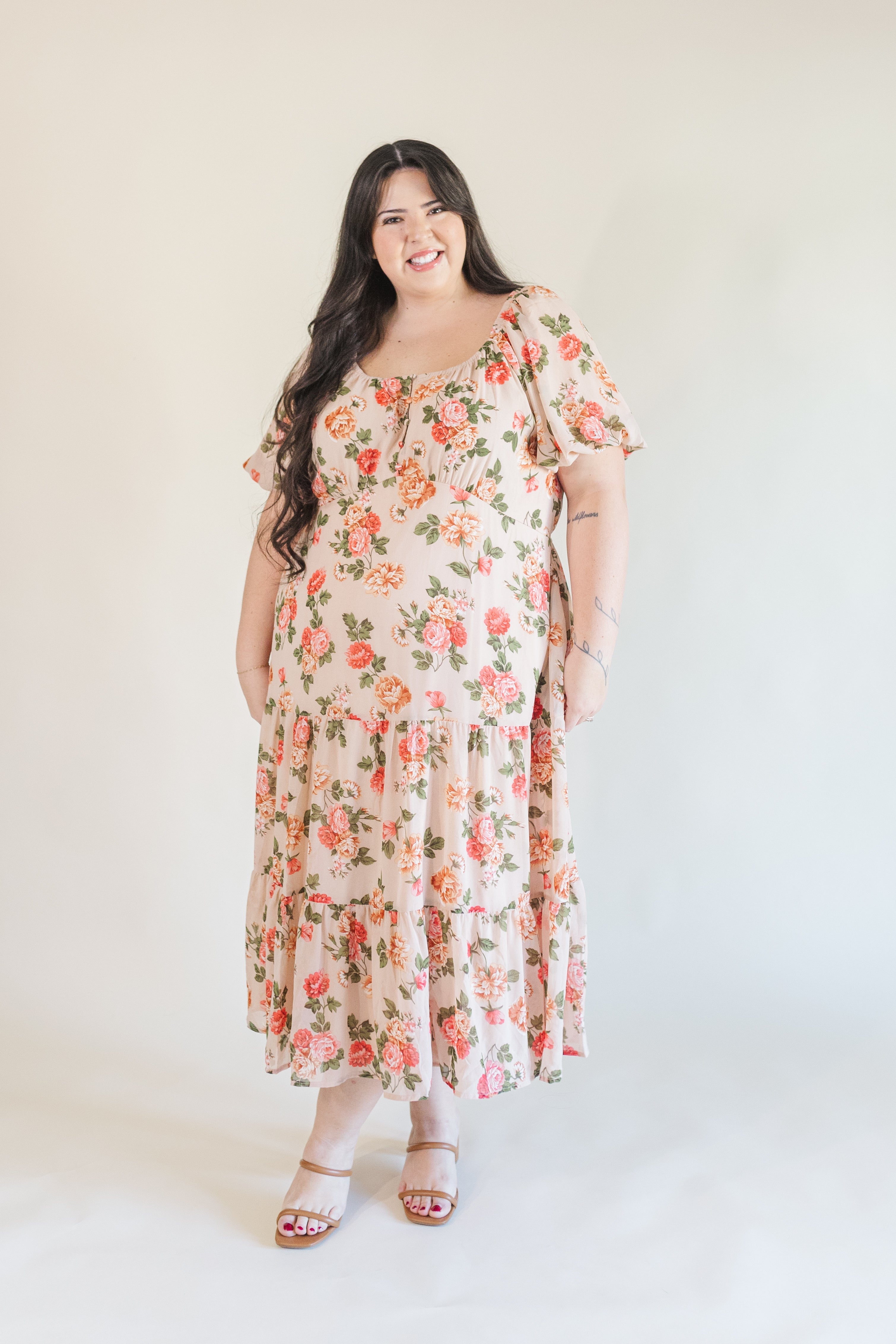 Macy Puff Sleeve Floral Midi Dress in Blush – Ari + Ava