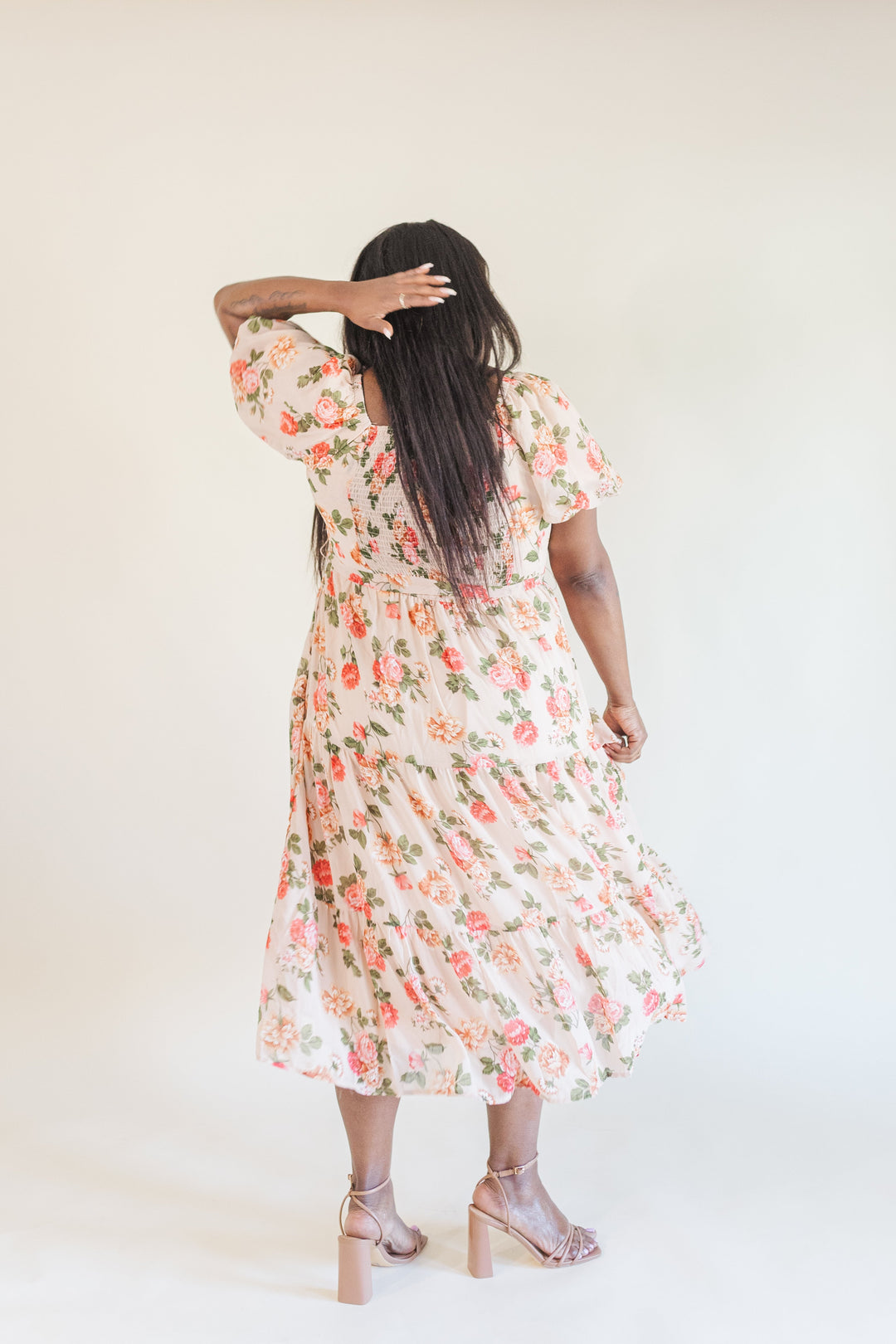 Macy Puff Sleeve Floral Midi Dress in Blush Macy Puff Sleeve Floral Midi Dress in Blush