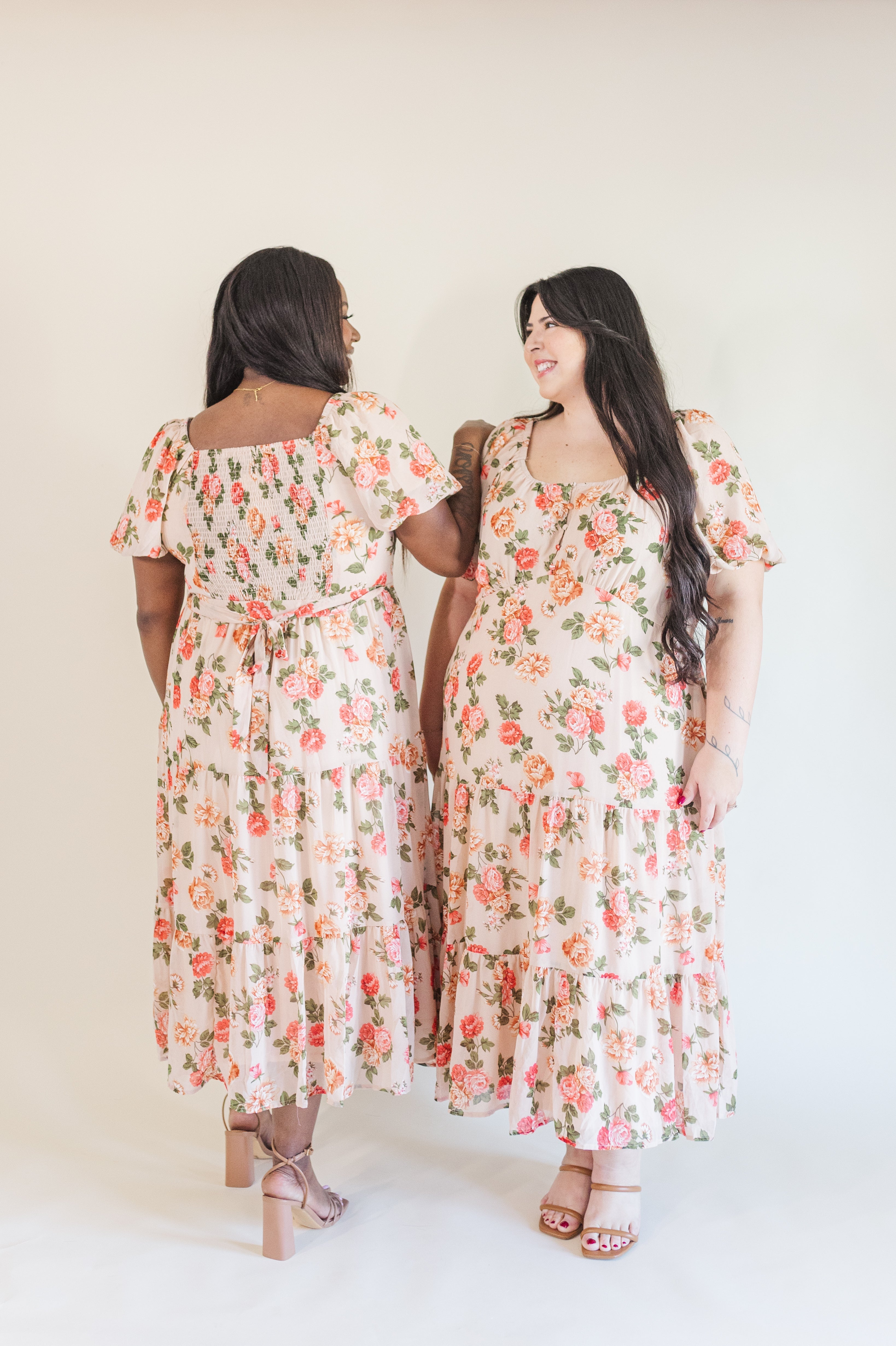 Macy Puff Sleeve Floral Midi Dress in Blush – Ari + Ava