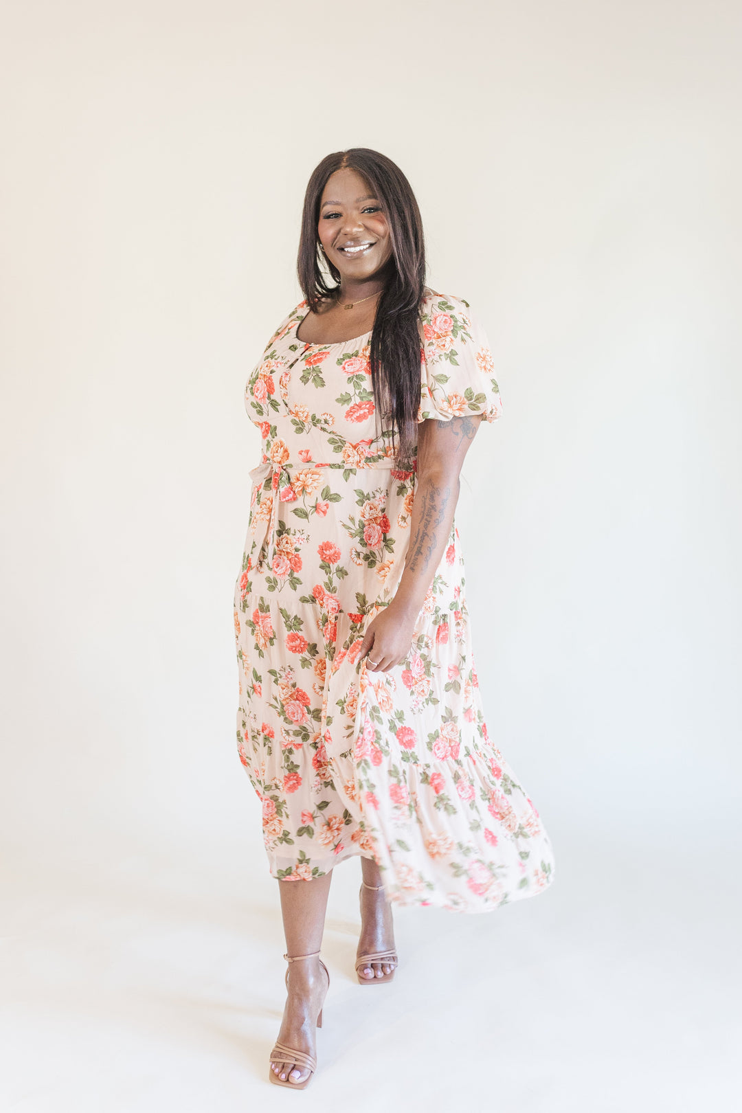 Macy Puff Sleeve Floral Midi Dress in Blush Ari + Ava Macy Puff Sleeve Floral Midi Dress in Blush Ari + Ava