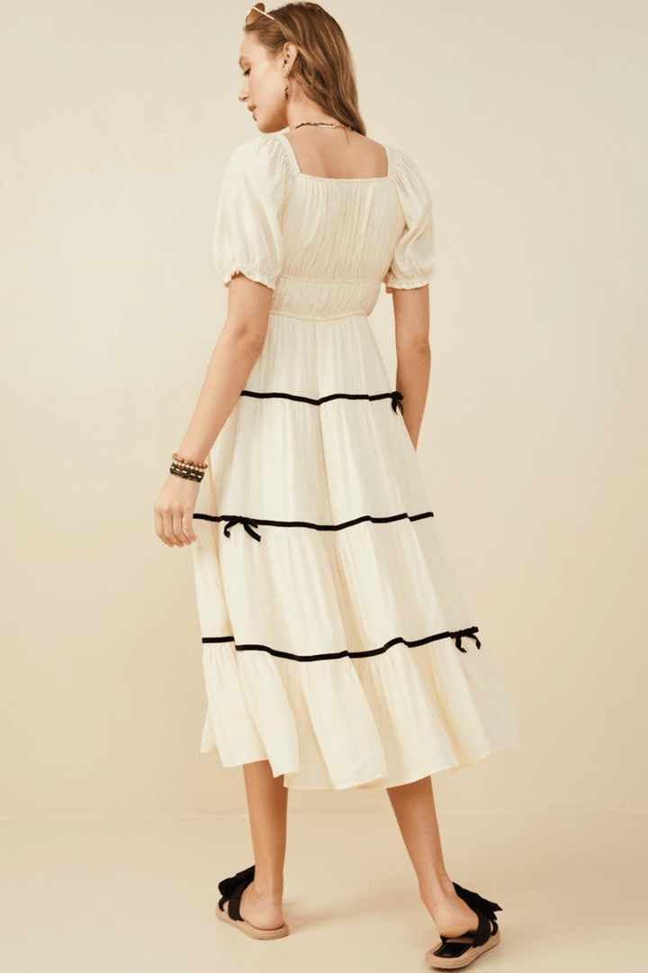 Madeline Bow Detail Square Neck Midi Dress in Cream