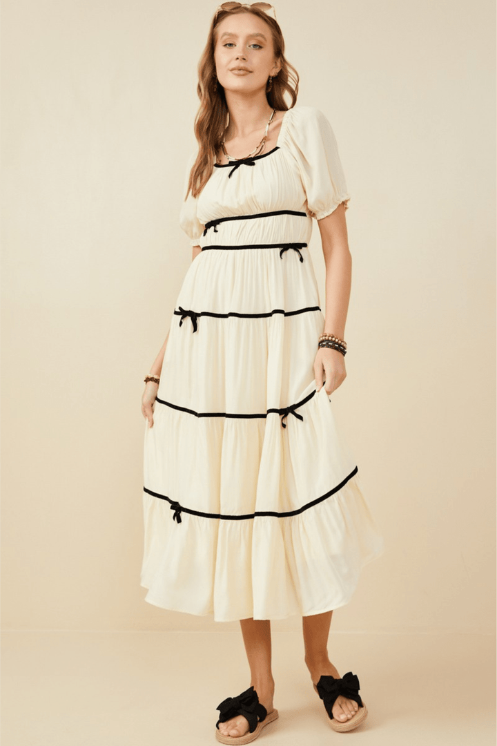 Madeline Bow Detail Square Neck Midi Dress in Cream