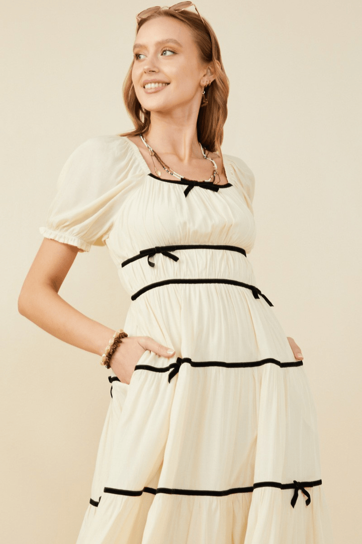 Madeline Bow Detail Square Neck Midi Dress in Cream