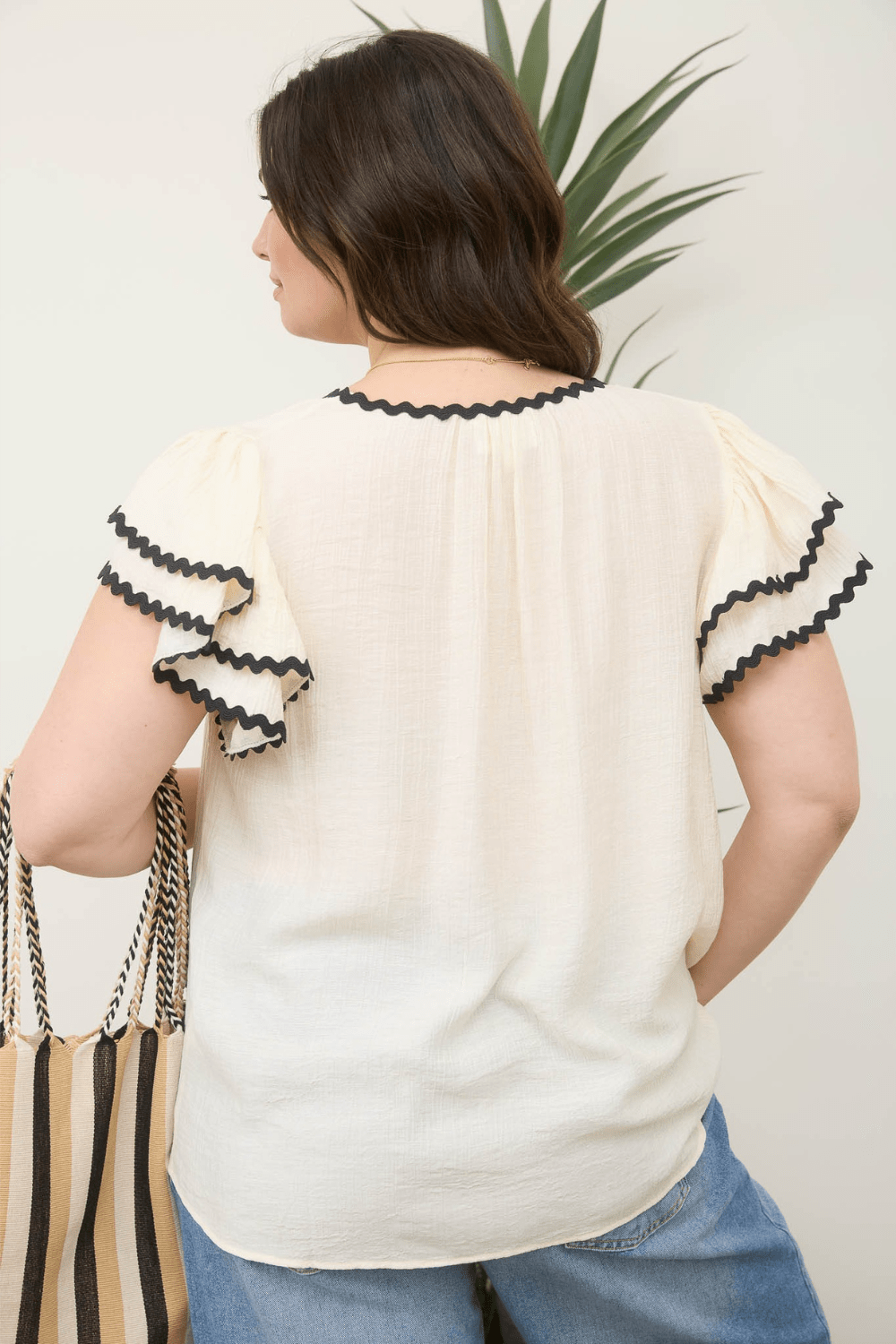 Mae Short Sleeve Ruffle Embroidery Detail Blouse in Cream