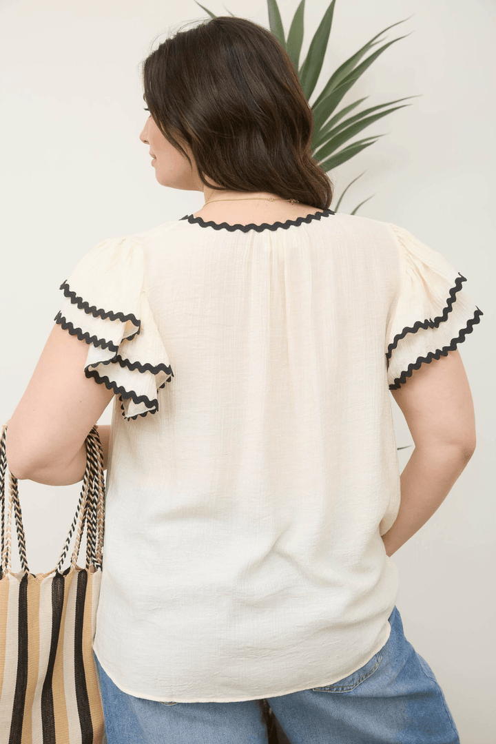 Mae Short Sleeve Ruffle Embroidery Detail Blouse in Cream